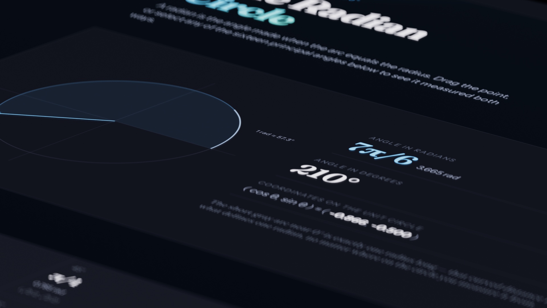 Cinematic Imaginary Circles interface hero showing a radian diagram and formula annotations