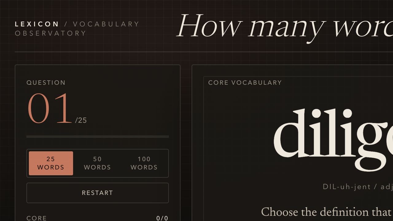 LEXICON vocabulary quiz with selectable assessment lengths
