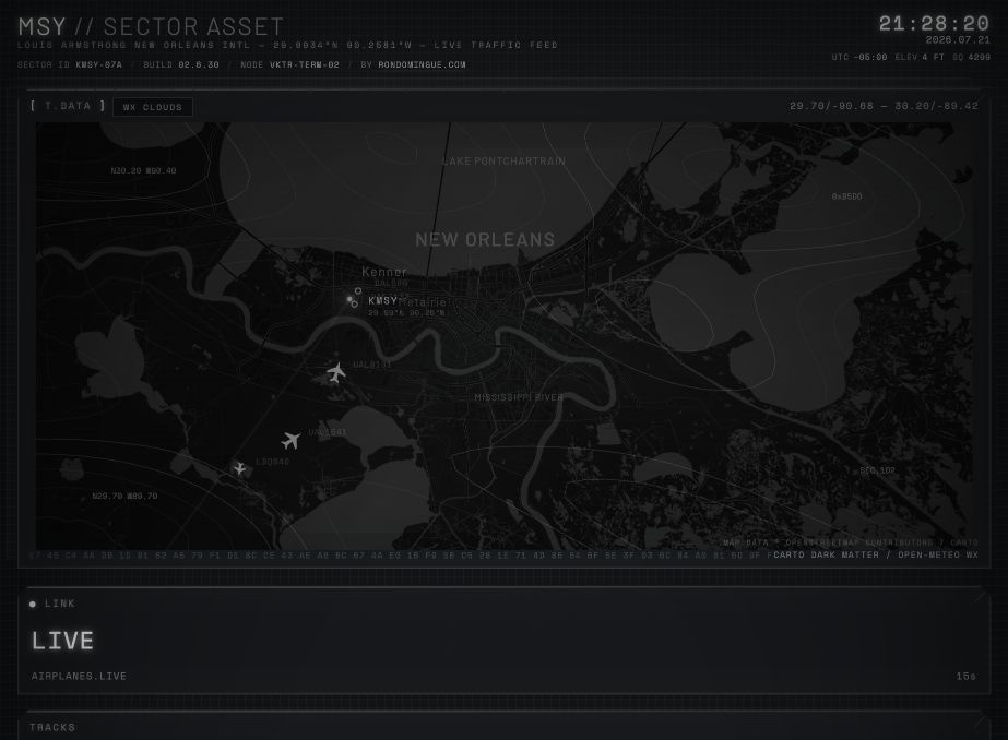 Live MSY airspace map with aircraft tracks around New Orleans