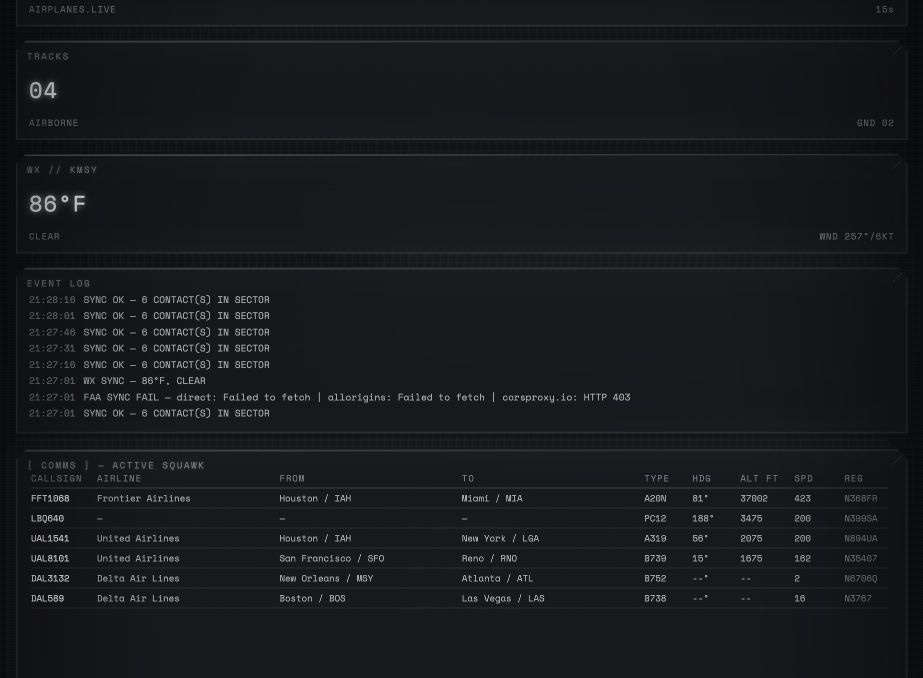 MSY weather, event log, and active aircraft data panels