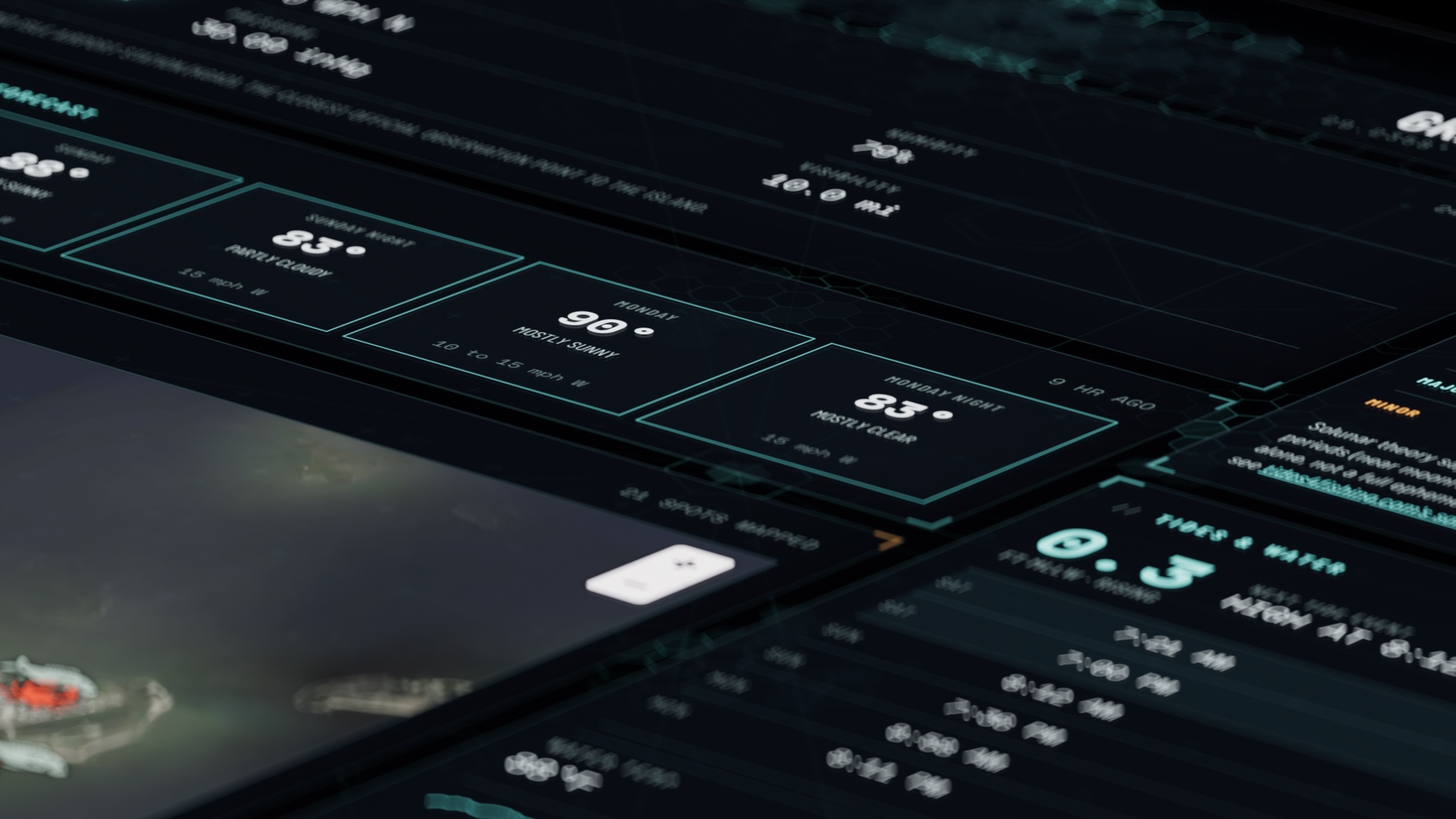 Overcast cinematic weather dashboard with forecast cards and atmospheric interface overlays