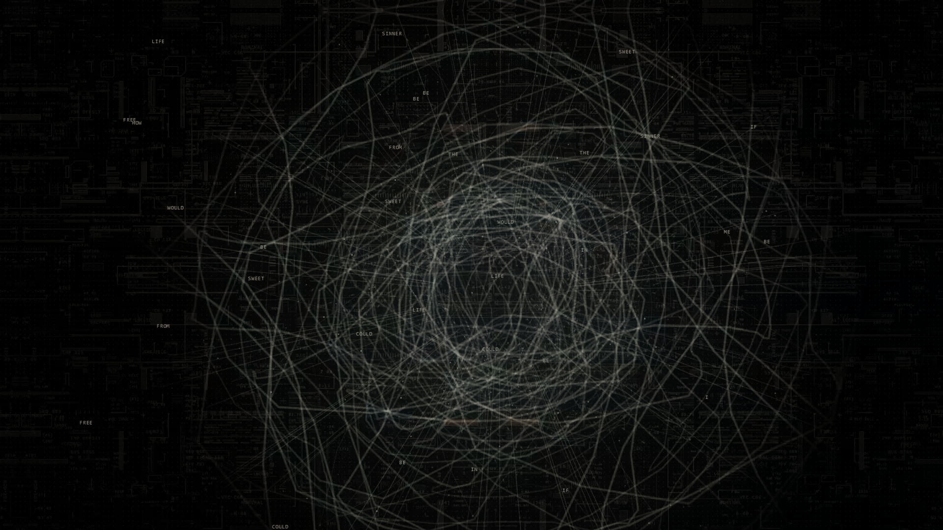 Bright circular web of procedural paths surrounding the word free