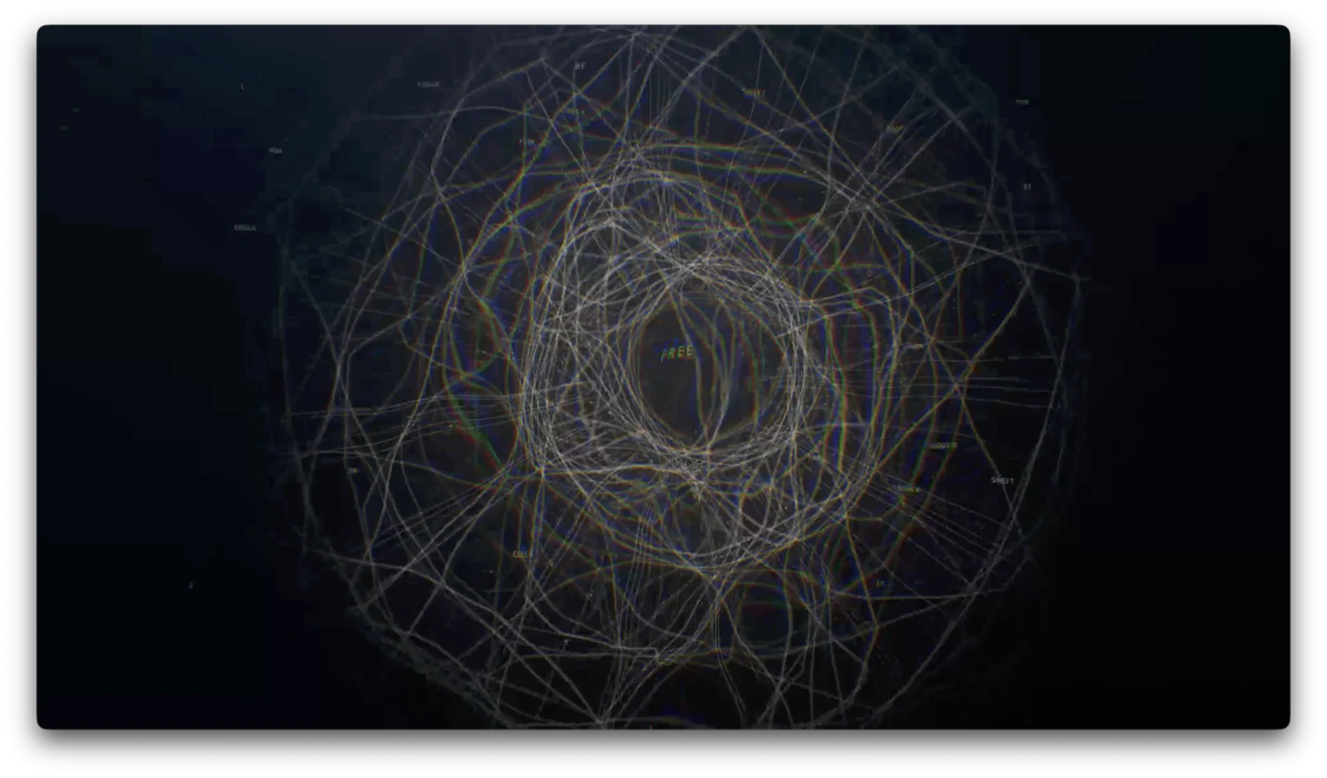 Bright circular web of procedural paths surrounding the word free